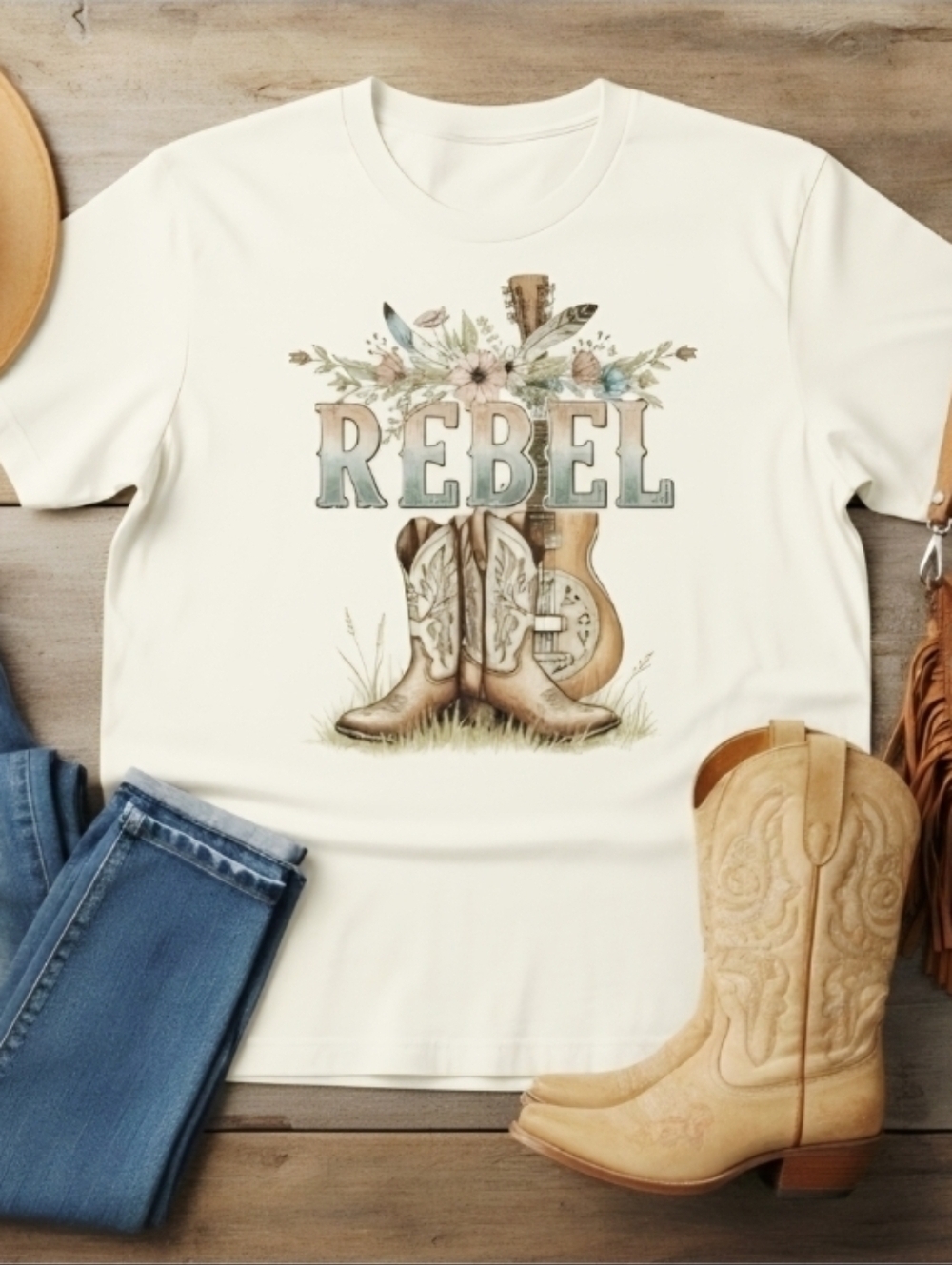 REBEL Western Graphic Tee • Cowboy Boots Guitar Shirt • Country Boho Cowgirl